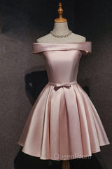 Cute Pink Satin Off Shoulder Knee Length Formal Dresses, Lovely Evening Prom Dresses