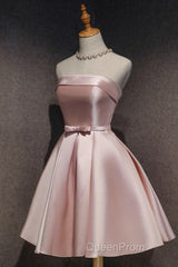 Cute Pink Satin Scoop Knee Length Short Evening Prom Dresses Homecoming Dresses, Pink Formal Dresses
