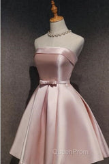 Cute Pink Satin Scoop Knee Length Short Evening Prom Dresses Homecoming Dresses, Pink Formal Dresses