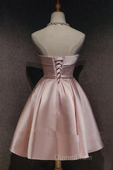 Cute Pink Satin Scoop Knee Length Short Evening Prom Dresses Homecoming Dresses, Pink Formal Dresses
