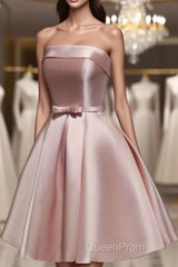 Cute Pink Satin Scoop Knee Length Short Evening Prom Dresses Homecoming Dresses, Pink Formal Dresses