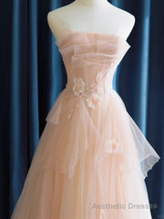 Cute Pink  Strapless Tulle Long Formal Dress with Flowers, Pink Tulle Prom Dress