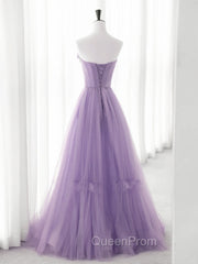 Cute Purple Tulle A-Line Long Evening Prom Dresses With Flowers, Purple Tulle Party Dresses