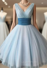 Cute Retro V Neck Blue Short Evening Prom Dresses, Bridesmaid Dresses