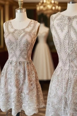 Cute Round Neck Lace Short Evening Prom Dresses, Homecoming Dresses, Bridesmaid Dresses