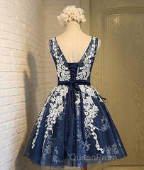 Cute Round Neck Lace Tulle Dark Blue Short Evening Prom Dresses, Bridesmaid Dresses