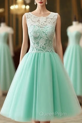 Cute Round Neck Lace Tulle Short Green Evening Prom Dresses, Bridesmaid Dresses