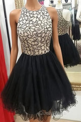 Cute Round-Neck Sequin Tulle Short Black Evening Prom Dresses, Black Homecoming Dresses