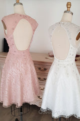 Cute round neck tulle lace short Evening Prom Dresses lace bridesmaid Dresses
