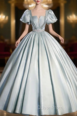 Cute Satin Floor Length Evening Prom Dresses, A-Line Short Sleeve Evening Party Dresses