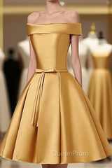 Cute Satin Knee Length Off Shoulder Homecoming Dresses, Evening Prom Dresses