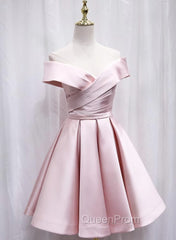 Cute Satin Pink Sweetheart Off Shoulder Knee Length Party Dresses, Short Evening Prom Dresses