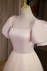 Cute Satin Tulle Long Evening Prom Dresses, A-Line Short Sleeve Evening Dresses
