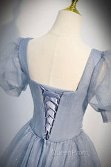 Cute Shiny Tulle Long Evening Prom Dresses, A-Line Short Sleeve Evening Party Dresses