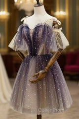 Cute Short Gradient Tulle Straps Homecoming Dresses, Short Evening Prom Dressess