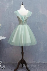 Cute Short Tulle V-Neckline With Flower Lace Party Dresses Homecoming Dresses, Short Formal Dresses