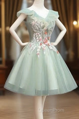 Cute Short Tulle V-Neckline With Flower Lace Party Dresses Homecoming Dresses, Short Formal Dresses