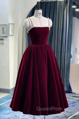 Cute Spaghetti Straps Velvet Short Evening Prom Dresses, A-Line Homecoming Party Dresses