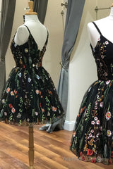 Cute Straps Embroidered Black Floral Homecoming Dress
