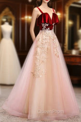 Cute Straps Velvet and Tulle Long Party Dresses, A-line Evening Gown