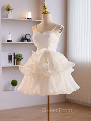 Cute Sweetheart Neck Organza White Evening Prom Dresses, White Homecoming Dresses