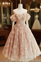 Cute Tulle Flower Short Evening Prom Dresses, Beautiful Off The Shoulder A-Line Evening Party Dresses