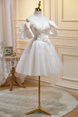 Cute Tulle Lace Homecoming Dresses, Off Shoulder Short Evening Prom Dresses