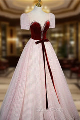 Cute Tulle Long Evening Prom Dresses with Velvet, A-Line Short Sleeve Evening Dresses