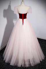 Cute Tulle Long Evening Prom Dresses with Velvet, A-Line Short Sleeve Evening Dresses
