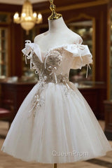 Cute Tulle Sequins Short Evening Prom Dresses, Light Champagne Off Shoulder Party Dresses