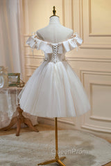 Cute Tulle Sequins Short Evening Prom Dresses, Light Champagne Off Shoulder Party Dresses