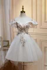 Cute Tulle Sequins Short Evening Prom Dresses, Light Champagne Off Shoulder Party Dresses