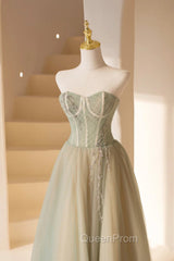 Cute Tulle Tea Length Evening Prom Dresses, Green A-Line Strapless Evening Party Dresses
