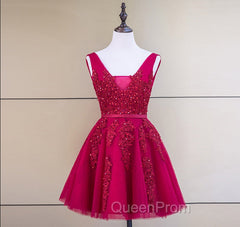 Cute Tulle V-neckline Beaded Short Evening Prom Dresses, Homecoming Dresses 2026