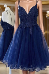 Cute V Neck Backless Blue Lace Short Evening Prom Dresses, Blue Lace Homecoming Dresses, Blue Formal Evening Dresses