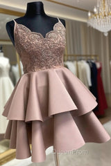 Cute V-Neck Lace Short Evening Prom Dresses, A-Line Spaghetti Straps Homecoming Dresses