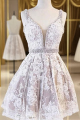 Cute V Neck Lace Short Evening Prom Dresses Lace Homecoming Dresses