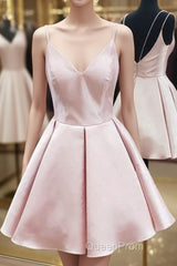 Cute V Neck Open Back Pink Short Evening Prom Dresses, Backless Pink Homecoming Dresses, Short Pink Formal Evening Dresses