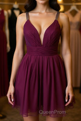 Cute V Neck Purple Chiffon Short Evening Prom Dresses Homecoming Dresses, V Neck Purple Formal Dresses, Purple Evening Dresses Cocktail Dresses