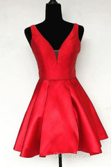 Cute V Neck Satin Short Evening Prom Dresses, V Neck Homecoming Dresses, Formal Evening Dresses