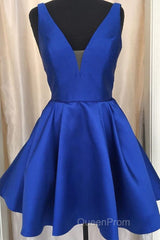 Cute V Neck Satin Short Evening Prom Dresses, V Neck Homecoming Dresses, Formal Evening Dresses