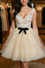 Cute V Neck Short Champagne Lace Evening Prom Dresses with Beading, Short Champagne Lace Formal Graduation Homecoming Dresses