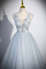 Cute V-Neck Tulle Long Evening Prom Dresses, Gray Evening Dresses Party Dresses