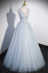 Cute V-Neck Tulle Long Evening Prom Dresses, Gray Evening Dresses Party Dresses