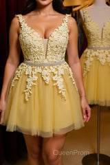 Cute V Neck Yellow Lace Short Evening Prom Dresses with Belt, Yellow Lace Homecoming Dresses, Short Yellow Formal Evening Dresses