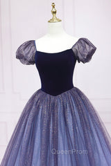 Cute Velvet Tulle Long Evening Prom Dresses, A-Line Short Sleeve Graduation Dresses