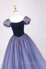 Cute Velvet Tulle Long Evening Prom Dresses, A-Line Short Sleeve Graduation Dresses