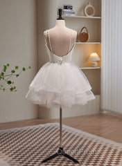 Cute White Short Tulle Beaded Graduation Dresses, White Short Evening Prom Dresses Evening Dresses