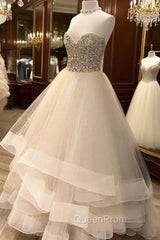 Cute White Tulle Long Evening Prom Dresses, White Evening Dresses