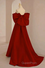 Cute Wine Red Satin Off Shoulder Long Party Dresses With Bow, Wine Red Evening Prom Dresses